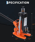 Heavy Duty 5 Ton Hydraulic Toe Jack Dual Stage Lift For Industrial Lathes And Milling Machines viewed from the side with dimensions shown.
