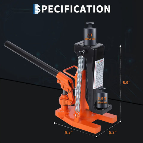Heavy Duty 5 Ton Hydraulic Toe Jack Dual Stage Lift For Industrial Lathes And Milling Machines viewed from the side with dimensions shown.