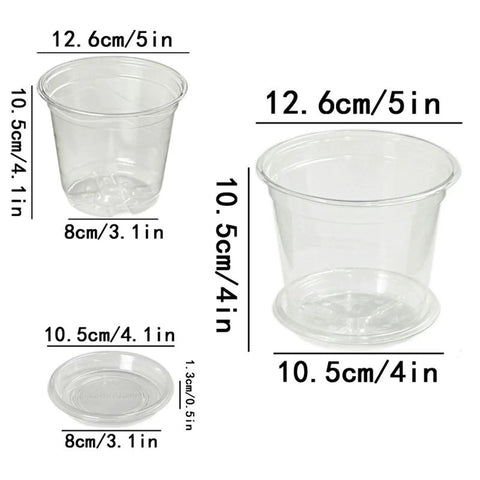 Reusable Flexible Seedling Pots Set Of 10 With Drip Tray, Durable PET Plant Starters for garden, showing size details.