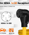 Hassle Free Plug And Charge Your Electric Ride With This Nema 14-30P To 14-50R Ev Charger Adapter Cord For Smooth Level Two Power Transfer On Any Modern Dryer Outlet Ten Foot Etl Certified Cable showing a 50A NEMA 14-50 receptacle.
