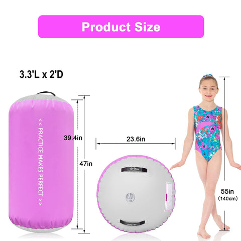 Inflatable Gymnastics Roller Tumbling Barrel 3.3ft Long By 2ft Diameter with size comparison to girl