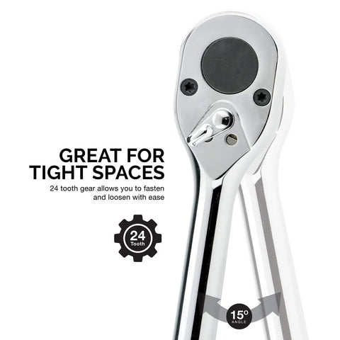 Close-up of Extendable 3/4 Inch Drive Ratchet Handle With 24 Tooth Reversible Ratcheting, ideal for tight spaces and home repairs.