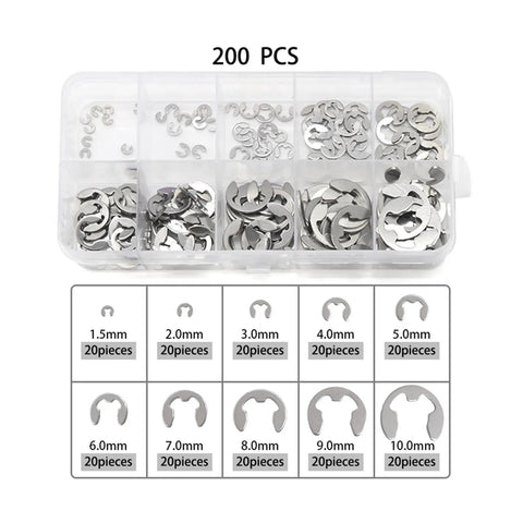 304 Stainless Steel E Clip Washer Assortment Kit For Shaft Circlip Retaining Rings M1.5 To M10 200Pcs in plastic case