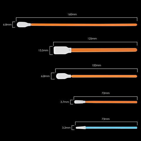 Front view of Amazon camera cleaning swab kit with orange handles and white microfiber tips; five sizes.