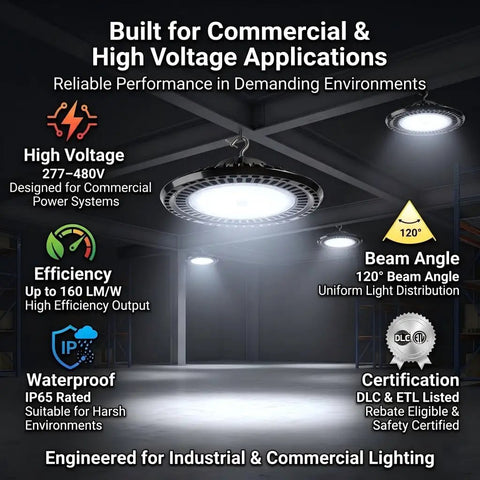 480V UFO LED High Bay Light Workhorse With 100W 120W 150W Selectable Output, 24000 Lumens At 5000K, features and specifications