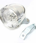 Old School 3 LED Bicycle Front Light With Bracket, waterproof vintage headlamp, chrome finish, close-up view with mounting bracket