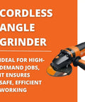 Tough As Nails 5 Inch Cordless Angle Grinder Featuring Brushless Power Motor And 8 Ah Lithium Battery With Sealed Dust Protection and soft start.