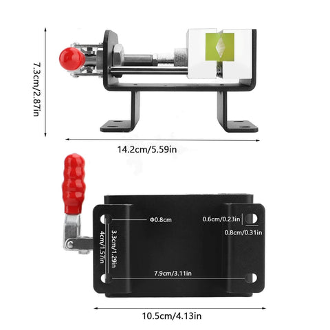 Heavy Duty Golf Shaft Clamp For Quick Shaft Replacement And Club Grip Setup Aluminum Vise Clamp Grip Tool shown from side and top view with dimensions.