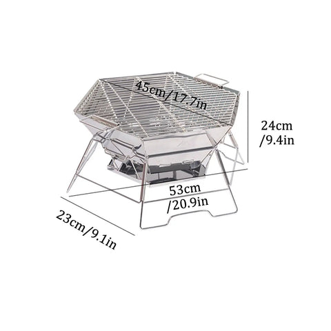 Hexagonal 430 Stainless Steel Folding Fire Pit Burn Barrel For Wood Fires with grill dimensions, collapsible design shown