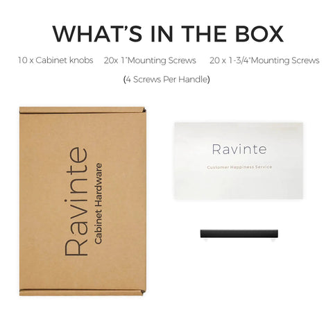 Box contents showing packaging of 10 Pack Solid Zinc Slim Square Drawer Handles For Cabinets, with screws and instruction sheet.