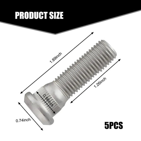 5 Piece Wheel Stud Repair Set, Tough As Nails Steel Lug Bolts, M12x1.5 Threads With 1.8 Inch Length, close-up view of a steel lug bolt with dimensions.