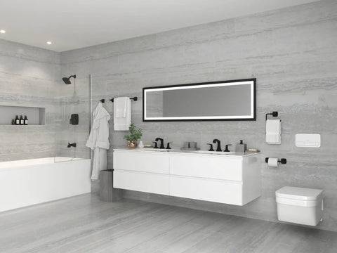 Modern bathroom with Bellance 8 Inch Widespread Bathroom Sink Faucet Two Handle Three Hole Design Matte Black Finish NSF Certified No Fuss Install