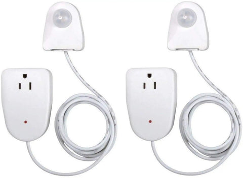 Indoor Plug In Motion Sensor Light Control 2 Pack With Auto On When Motion Is Detected Ideal For Dark Hallways And Closets Easy To Install On Tabletop Or Shelf 25 Foot Range 6 Foot Cord, showing two white units with cords.