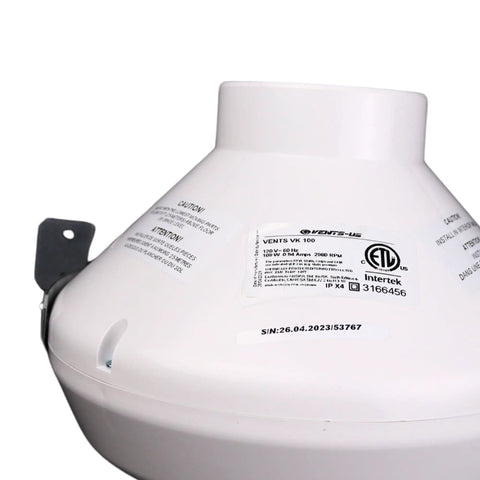 Close-up of Centrifugal Inline Duct Fan VK 100 4 Inch Plastic Casing with label and bracket