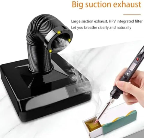 Straight Up Slick Mini Solder Fume Extractor With Adjustable Telescopic Arm And Integrated Led Light, High Efficiency Triple Filter Benchtop Smoke Absorber For Nail Grinding And Precision Workspaces, showing smoke extraction process.