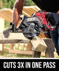 Heavy Duty Brushless Cordless Circular Saw Kit With 7-1/4 In Rear Handle Blade cutting through wood on a job site.