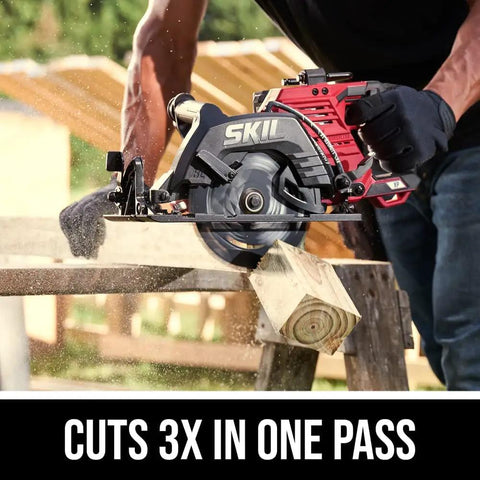 Heavy Duty Brushless Cordless Circular Saw Kit With 7-1/4 In Rear Handle Blade cutting through wood on a job site.