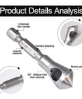 Heavy Duty 3 Piece Countersink Chamfer Drill Bit Set With One Quarter Inch Hex Shank High Speed Steel Knockout Deburring Tool For Wood Metal Plywood And Clean Edges That Work Like A Charm, showing 40ACR material and hex handle.