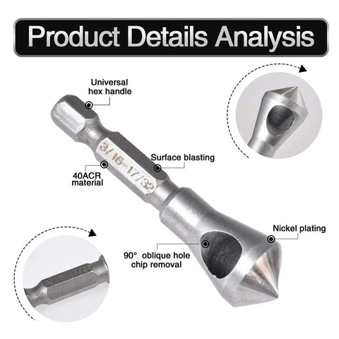 Heavy Duty 3 Piece Countersink Chamfer Drill Bit Set With One Quarter Inch Hex Shank High Speed Steel Knockout Deburring Tool For Wood Metal Plywood And Clean Edges That Work Like A Charm, showing 40ACR material and hex handle.