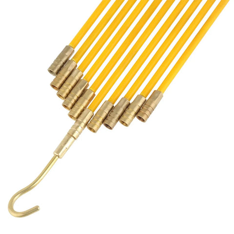 Top Tier Fiberglass Fish Tape Rod Kit Lets You Run Wire Through Walls And Attics Like A Pro With 10 Piece Flexible Cable Puller Set Featuring Brass Connectors For Any Tough Job Around the House Or Business, yellow fiberglass rods with brass connectors and hook