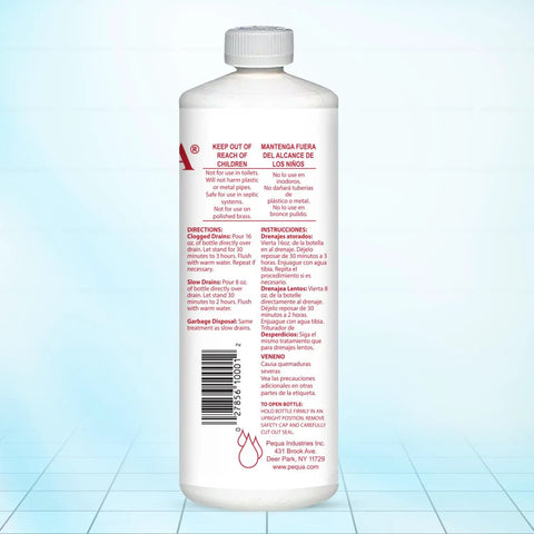 Back view of Heavy Duty Drain Opener, 32 Oz container with instructions for use, septic safe industrial strength formula.