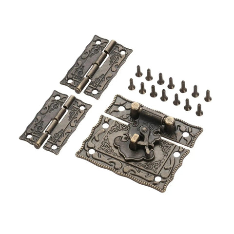 Three Piece Old School Antique Bronze Box Latch Set With Vintage Hasp Clasp And Hinges For Jewelry Boxes Suitcases Wooden Cabinets And Chests