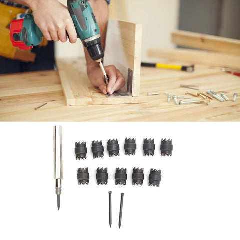Thirteen Piece Spot Weld Cutter Set For Electric Drill, Three Eighths Inch Double Sided Weld Removal Kit displayed on a workbench