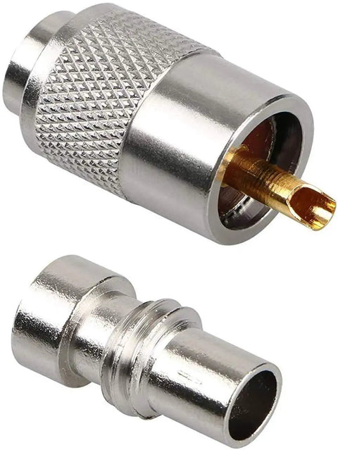Close-up of 10 Pack UHF PL259 Solder Connectors with Reducer for RG8X RG8 RG59 LMR400 and RG213 Coaxial Cables, nickel-plated brass.