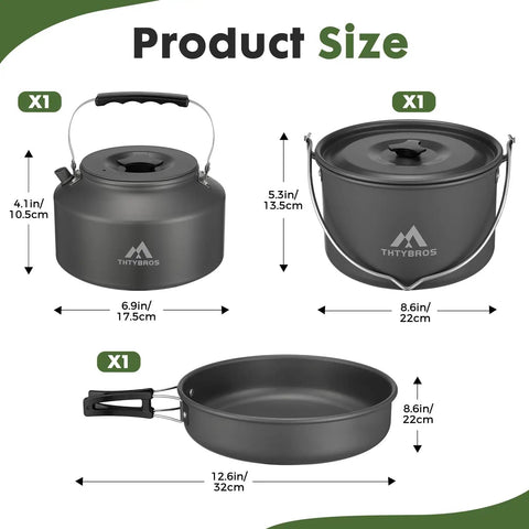 43-Piece Camping Cookware Set Feeds 6 People, Big Crew Ready for Family Campouts, Heavy-Duty Aluminum Outdoor Cook Kit sizes