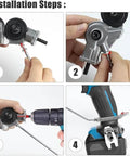 Installation steps for Drill Metal Plate Cutter Attachment for electric drill, showing quick cutting shears retrofit process.