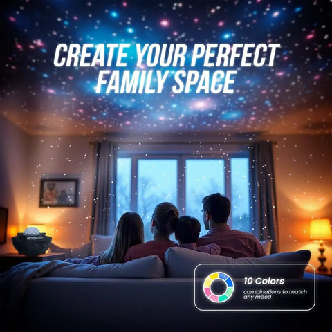 Family enjoying Cosmic Projector With Built In Bluetooth Speaker Star Lights For Bedroom 21 Dynamic Light Modes Aurora Waves