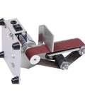 Rock Solid Mini Belt Sander With Seven Adjustable Speeds for wood finishing, compact stainless steel design, close-up view.