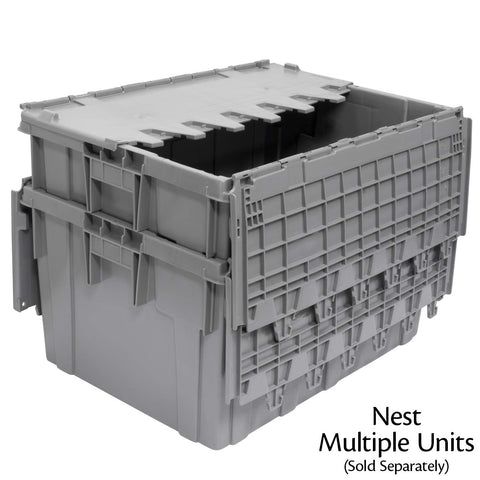 Industrial Plastic Storage Tote With Hinged Attached Lid 2 Pack Built Tough Heavy Duty Stackable Totes in gray, side view