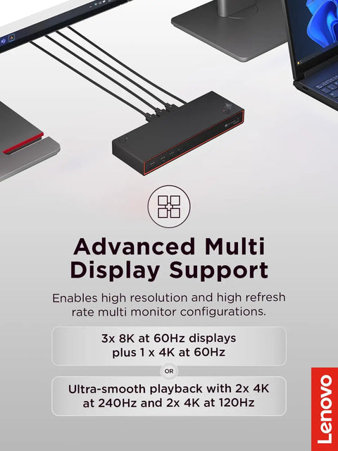 Plug And Play Thunderbolt 5 Docking Station Boasting 180W Output For Smooth Triple 8K Displays And Snappy Data Transfers For High Performance Workstation Setups Black connected to multiple monitors.