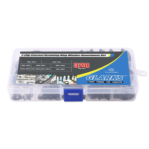 Plastic case with Heavy Duty Black Alloy Steel External E Clip Retaining Ring Washer Set 328 Piece Set Nine Sizes Built To Last With Heat Treated Tough Tensile Strength Includes 1.5mm 3mm 4mm And More For Automotive Machinery And DIY Projects label.