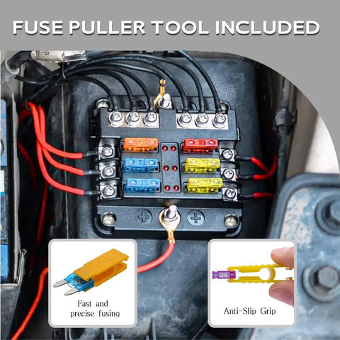 Hella Durable 120 Piece Car Fuse Assortment Kit With Heavy Duty Puller Tool shown in vehicle fuse box with fuses and wires.