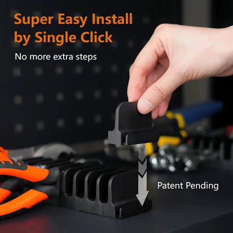 Hand installing a piece of a Magnetic Plier Organizer Set 24-Piece Modular Tool Holders for Toolbox and Drawer Storage, black color.
