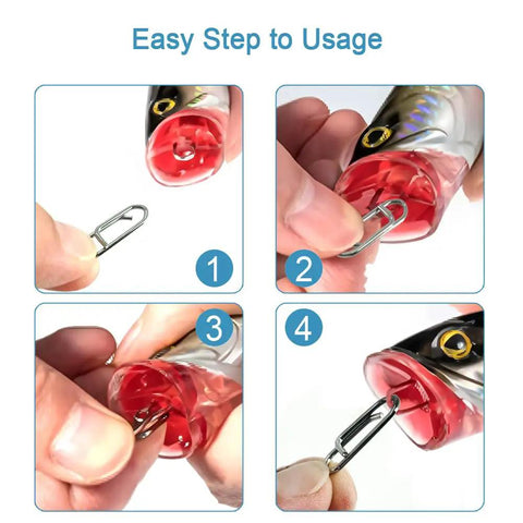 Two Hundred Piece Fishing Power Speed Clips Set With Upgraded Stainless Steel Quick Release Swivels Snap Clips usage steps