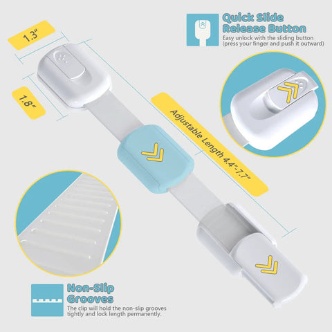 Diagram showing Six Pack Kid Safe Cabinet Locks For Cabinets And Drawers With Extra 3M Adhesives and adjustable strap.