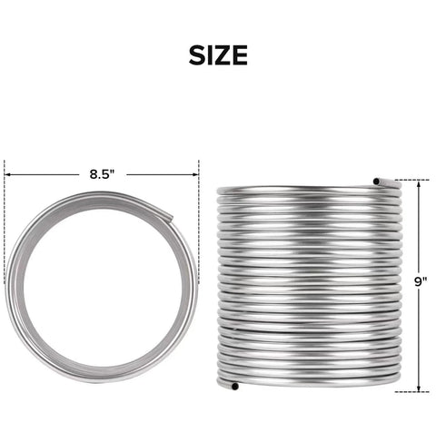 3/8 inch stainless steel tubing coil, 50 ft, shown in front circular coil and side stacked view, Amazon brand