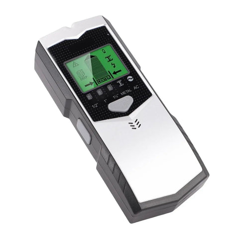 YDuupxe Wall Scanner Detector 5 in 1 Wood Metal Live Wire Finder with LCD display and control buttons, angle view.