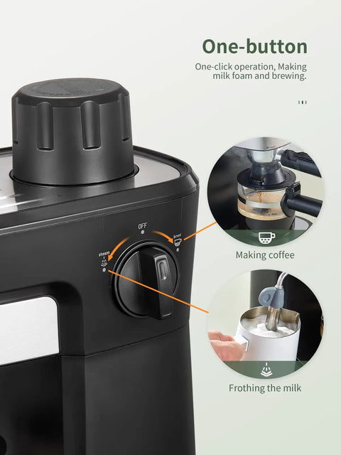 Killer Crema Game Changer Espresso Machine With Solid Six Bar Pressure For Thick Golden Shots And Straight Up Bold Flavor Perfect For Everyday Casual Brewing At Home one-button controls for coffee brewing and milk frothing.