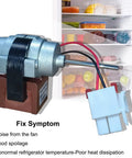 Refrigerator Evaporator Fan Motor 3015924900 D4612AAA36 DC 13V Replacement displayed with opened Kenmore fridge