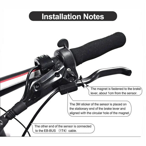 Powallon electric bike brake sensor cable, two-pack, 30-inch length, mounted on a black handlebar with foam grip and brake lever.