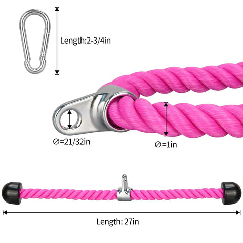 Dimensions and details of Pink Tricep Rope Cable Attachment For Gym And Home Workouts 27 Inch Length With Carabiner Durable Nylon Build
