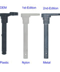Comparison of plastic, nylon, and metal fuel door hinge pins for Toyota Tundra, showing OEM, 1st-edition, and 2nd-edition models.