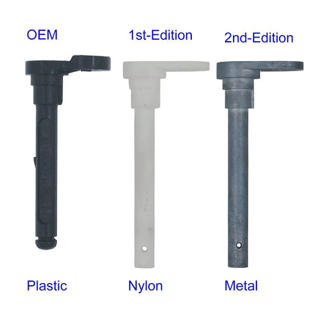 Comparison of plastic, nylon, and metal fuel door hinge pins for Toyota Tundra, showing OEM, 1st-edition, and 2nd-edition models.