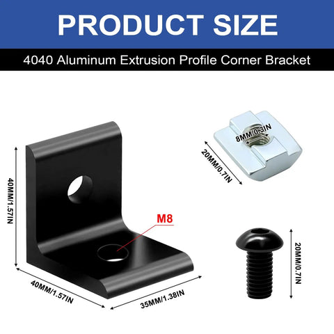 12 Pack 4040 Corner Bracket Connector For 40x40 Aluminum Extrusion Profiles, 90 Degree Black Angle Brackets With Sizes