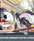 Heavy Hitter Cordless Circular Saw Loaded With 20 Volt Battery And 6 1/2 Inch Flush Mount Blade For Smooth Precision Cuts That Give Every Weekend Warrior A Knockout Finish Weekly shows cutting capacity of 1-7/32'' on wood.