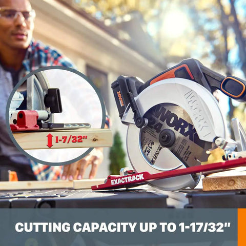 Heavy Hitter Cordless Circular Saw Loaded With 20 Volt Battery And 6 1/2 Inch Flush Mount Blade For Smooth Precision Cuts That Give Every Weekend Warrior A Knockout Finish Weekly shows cutting capacity of 1-7/32'' on wood.